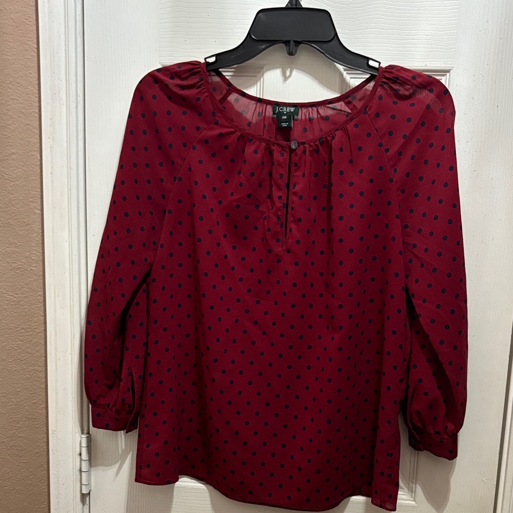 J. Crew Factory Maroon Blouse with Dark Blue Dots